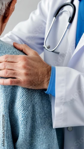 Compassionate doctor comforting elderly patient with a reassuring hand on shoulder