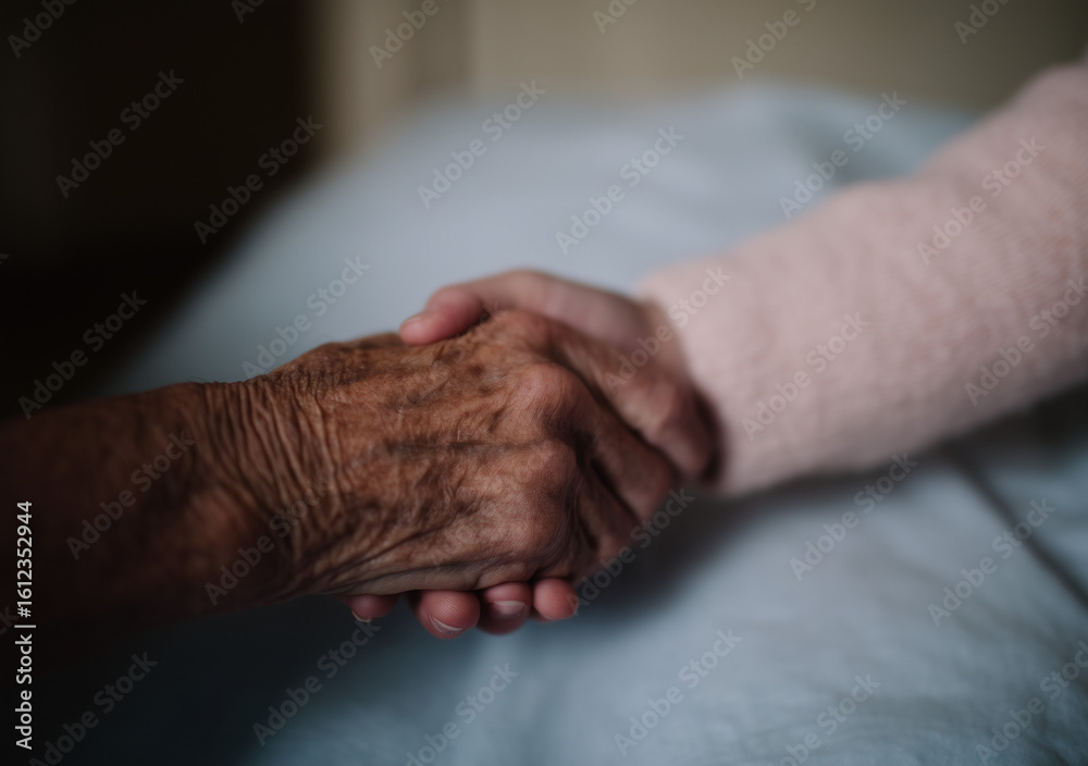 Fototapeta premium Grandma and grandchild holding hands, beautiful moment, connection, family, health, life themes