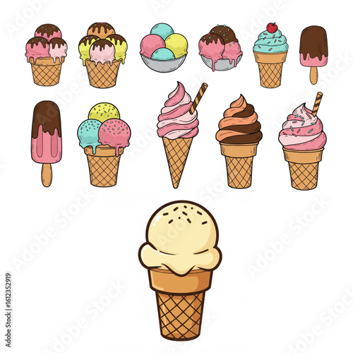Delicious ice cream assortment in cones and popsicles for a sweet summer treat celebration
