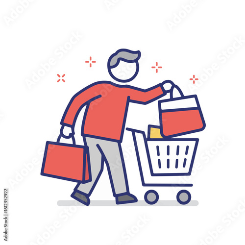 Cheerful man shopping with colorful bags and a shopping cart, minimalist style on a clean background, retail concept of grocery stores or e-commerce