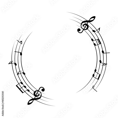 Music notes background, round musical frame, vector illustration.