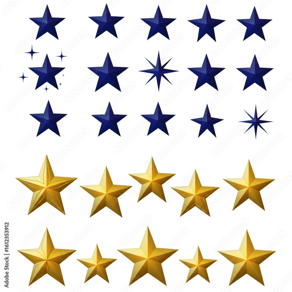 Obraz premium Collection of gleaming gold and deep blue stars, perfect for award ceremonies, achievements, and celebratory designs.