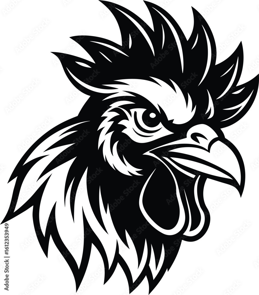 Fototapeta premium Stylized black and white rooster head emblem with sharp details