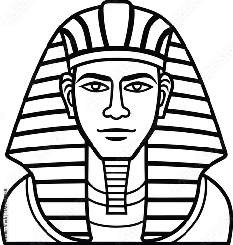 Stylized black and white illustration of an ancient egyptian pharaoh wearing a nemes headdress