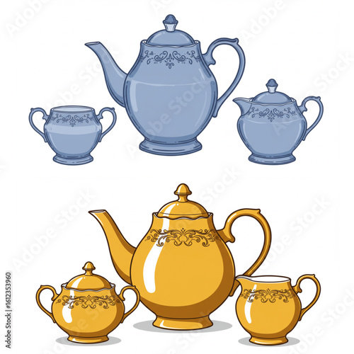 Elegant blue and golden tea sets with ornate details, perfect for sophisticated beverage presentations.