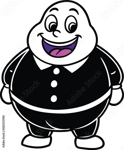 A cheerful plump cartoon character wearing a black suit and white shirt
