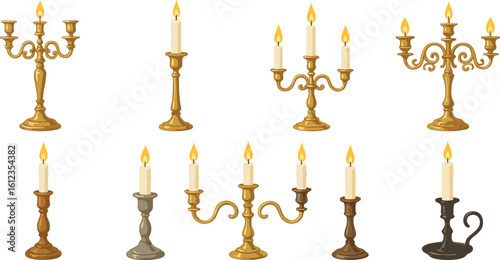 Cad Drawing Flat Vector Illustration of Antique Candle Holders, Vintage Candelabras, Elegant Candlesticks, Decorative Home Decor Elements, Silhouette Art