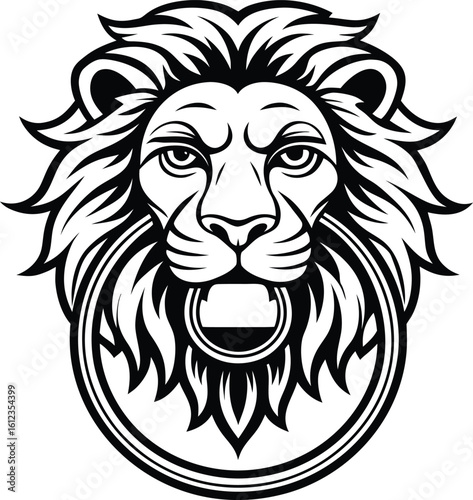 Stylized black and white lion head with ring