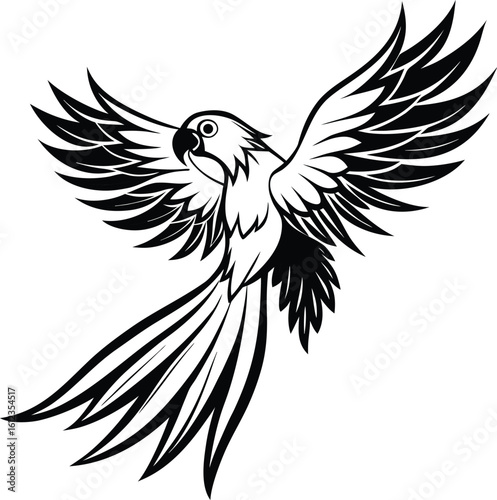 Stylized black and white drawing of a parrot in flight with wings spread and long tail feathers