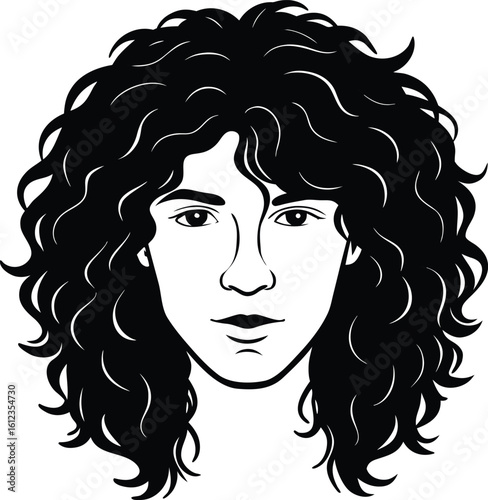 Stylized black and white portrait of a person with long curly hair