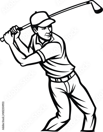 Golfer swinging a club in a dynamic pose black and white illustration