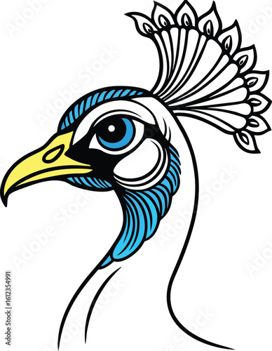 Stylized illustration of a peacock head with striking blue eyes and a yellow beak