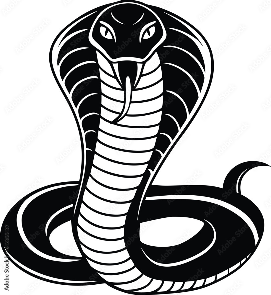 Fototapeta premium Stylized black and white cobra snake illustration with hood flared