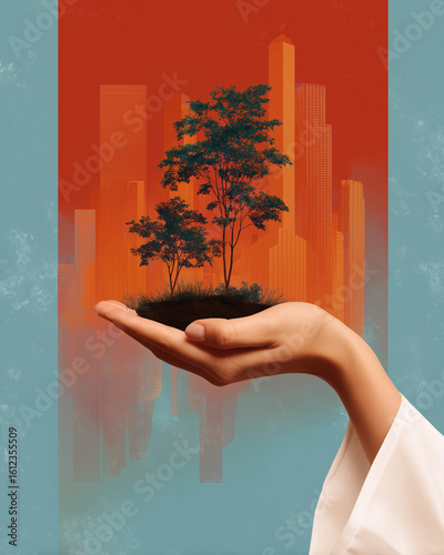 Photomontage d'une main qui tient un paysage verdoyant avec des immeubles d'affaires et des entreprises : rapports RSE, finance verte, projets à impacts et développement durable
