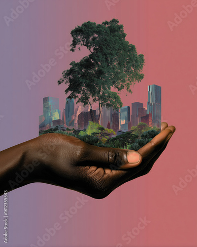 Photomontage d'une main tient un paysage verdoyant avec des immeubles d'affaires et des entreprises : rapports RSE, finance verte, projets à impacts et développement durable