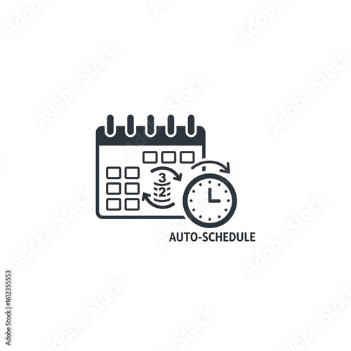 An icon depicting a calendar with a clock and arrows indicating automatic scheduling, suggesting time management and planning.