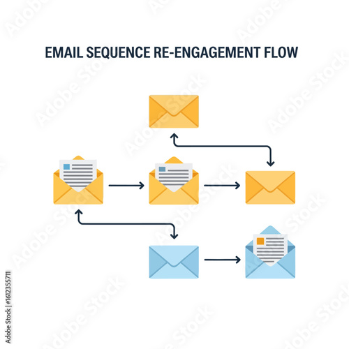 Email sequence re-engagement flow diagram showing a series of yellow and blue envelopes connected by arrows, illustrating a marketing strategy.
