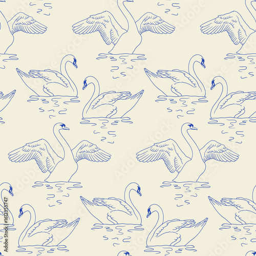 Vintage art nouveau toile hand drawn swan swimming in water blue and cream seamless pattern. Vector classical repeat design