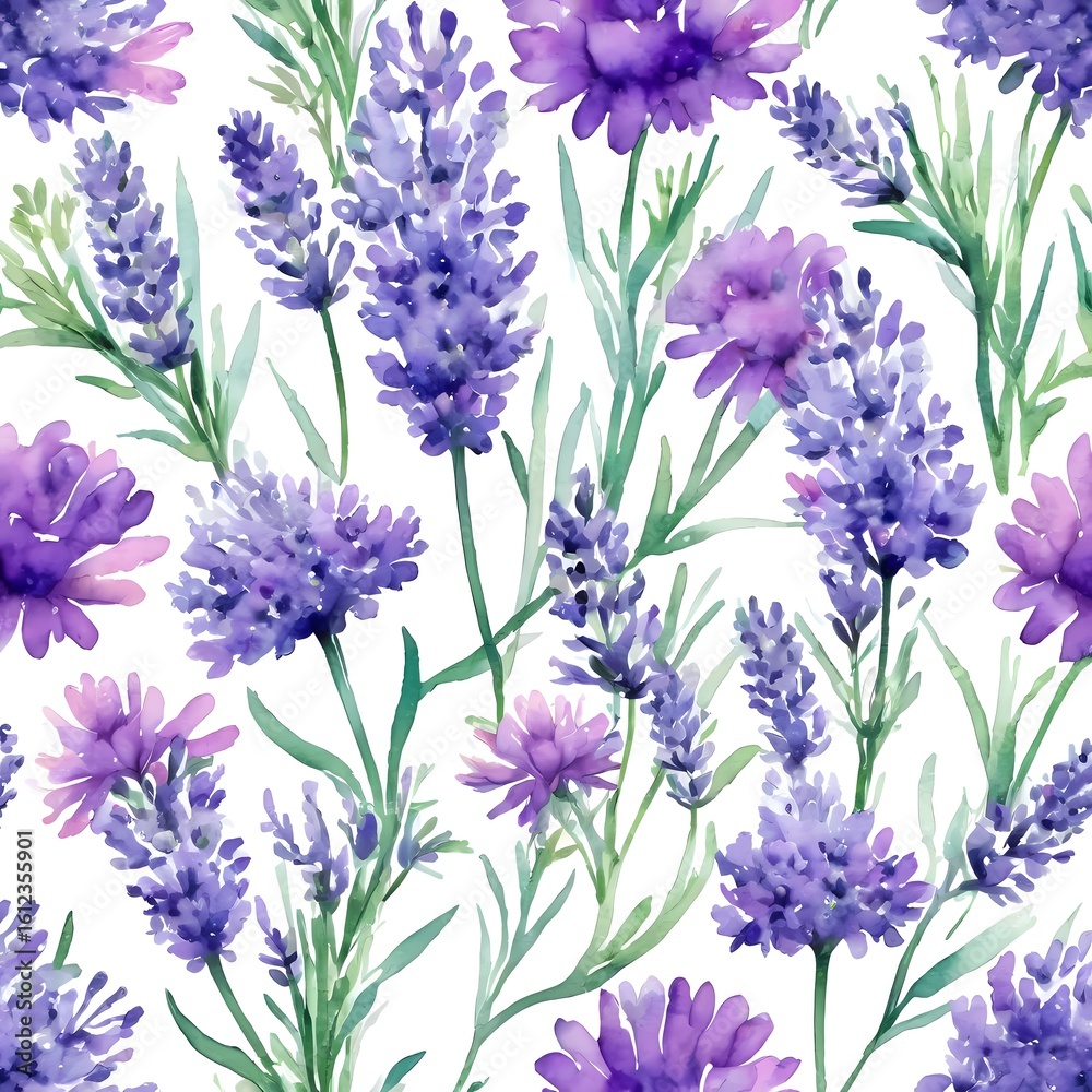 Fototapeta premium Delicate flowers in shades of purple burst forth, creating a lush tapestry. This enchanting watercolor captures the beauty of natures blooms in full springtime glory Generative AI