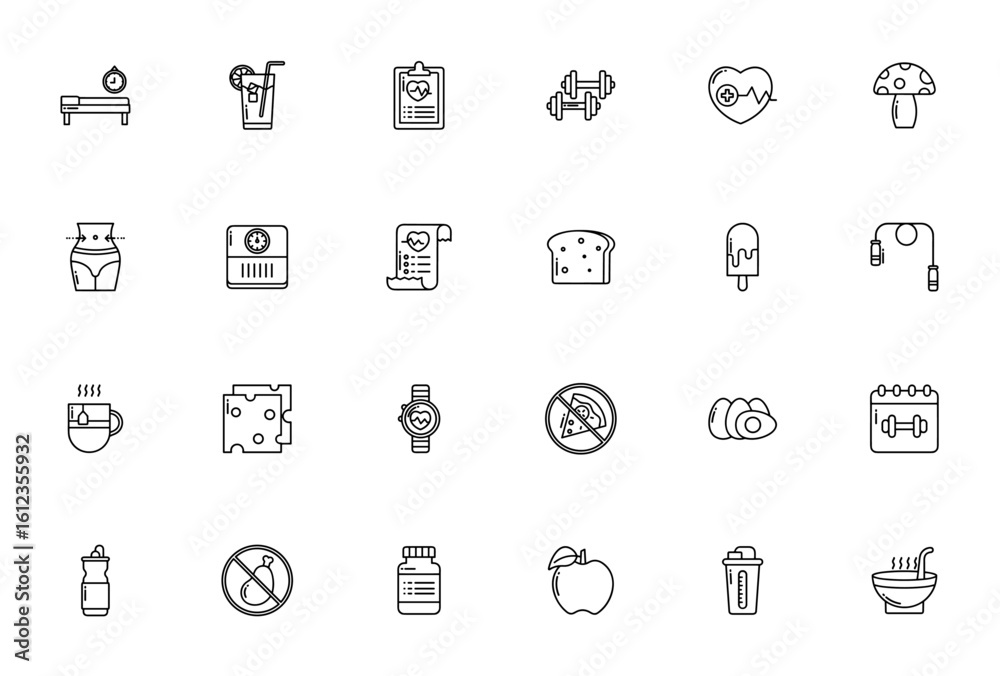 Diet and Nutrition icon set. Healthy lifestyle vector icons. Includes symbols for apple, pizza, dumbbell, smartwatch, water bottle, egg, mushroom and more. Editable stroke. Diet and Nutrition icon set. Healthy lifestyle vector icons. Includes symbols for apple, pizza, dumbbell, smartwatch, water bottle, egg, mushroom and more. Editable stroke.