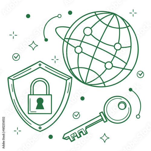 Line art concept of internet privacy, data encryption and global cybersecurity with lock and key icons