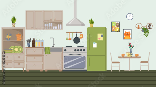 Modern kitchen interior. Cabinets, shelves and cupboards modern design. Refrigerator, table and chairs, cups on the table. Stove and hood. Plants and paintings for coziness. Home life concept. Vector