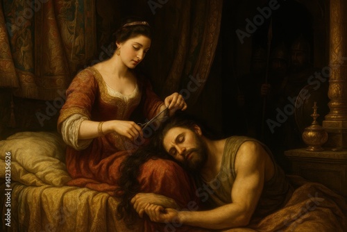Biblical betrayal scene depicting Delilah cutting Samson's hair in ornate ancient chamber while Philistine soldiers wait in shadows