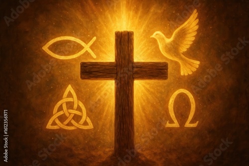 Sacred symbols floating around weathered cross with golden light representing holy faith divine presence and spiritual power manifestation