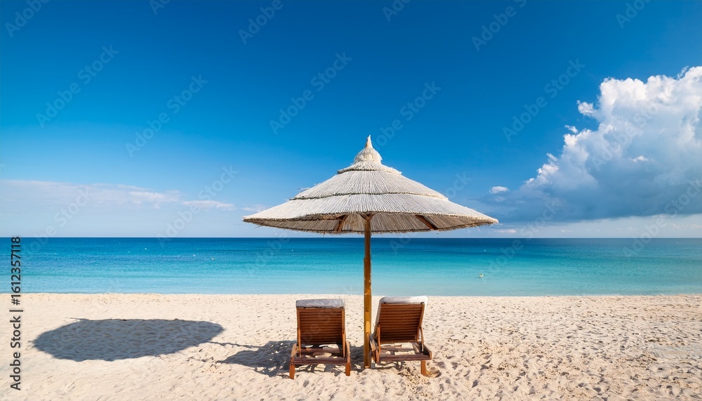 Obraz premium beach umbrella with chairs on the sand with sea horizon