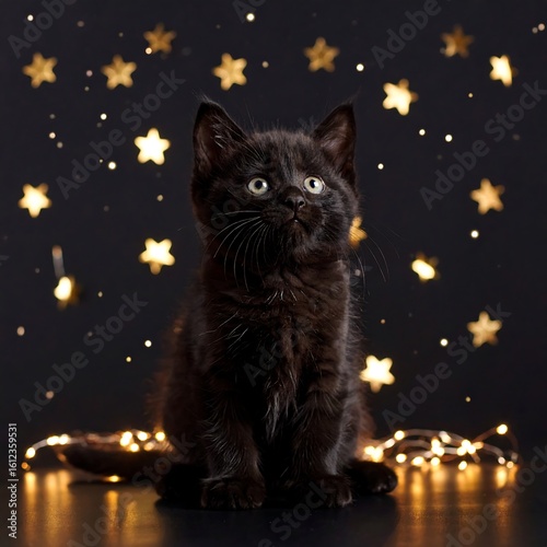 Black kitten gazing at stars