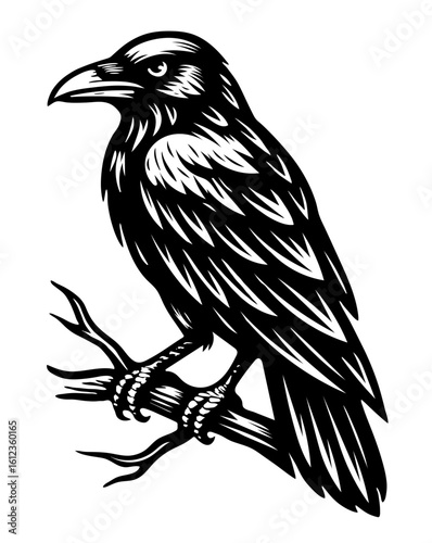Stylized black raven perched on a branch in vector art Generative AI