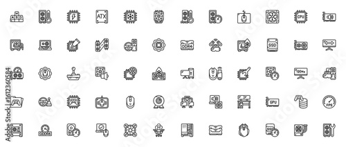 Gaming PC icon set. Vector illustration for gaming setup. Includes WASD, PC tower, CPU, GPU, RGB, RAM, SSD, cooling fan, mouse pad, joystick, virtual reality and more. Editable stroke.