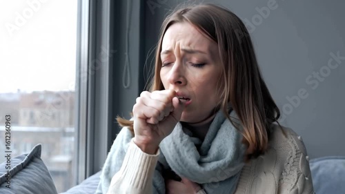 young woman coughing badly at home, cold, bronchitis