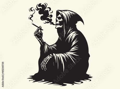 Grim Reaper Smoking Illustration — Gothic Skeleton Art for Tattoo, Death Symbolism, Moody Decor, and Emotional Fantasy Themes