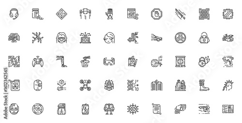 Cyberpunk icon set. Futuristic vector collection. Includes headphones, katana, hacker, neon sign, cyborg, drone, AI, security and more. Editable cyberpunk graphics.