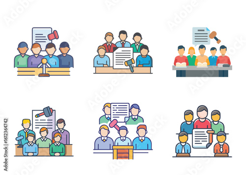 6 set Illustrations depicting a legal meeting, negotiations, or judgment in a courtroom setting
