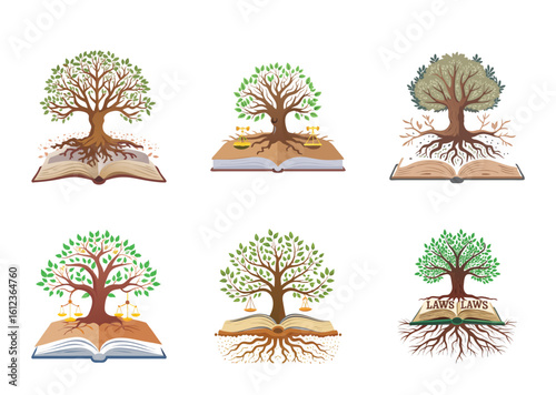 6 set Logos showcasing trees growing from open books symbolizing law and justice