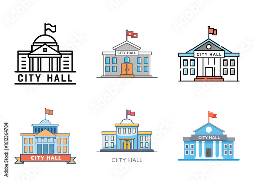 6 set Various colorful representations of City Hall buildings, including different styles and color palettes