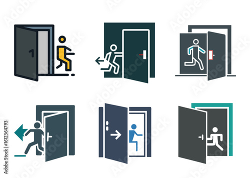 6 set Vector Icon Set of Emergency Exit Signs and People Escaping Doors