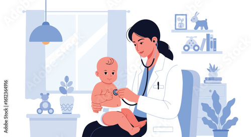 Adobe illustrator vector flat style illustration of a female doctor holding a cute baby and listening to its heartbeat with a stethoscope, emphasizing infant health assessment