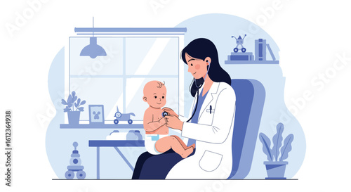 Adobe illustrator vector flat style illustration of a female doctor holding a cute baby and listening to its heartbeat with a stethoscope, emphasizing infant health assessment