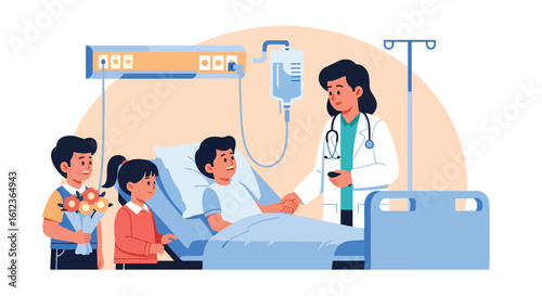 Adobe illustrator vector flat style illustration of a doctor checking on a young kid in a hospital bed with his sisters visiting, highlighting pediatric care and family support