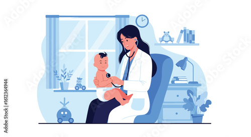Adobe illustrator vector flat style illustration of a female doctor holding a cute baby and listening to its heartbeat with a stethoscope, emphasizing infant health assessment