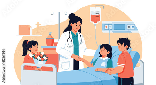 Adobe illustrator vector flat style illustration of a doctor checking on a young kid in a hospital bed with his sisters visiting, highlighting pediatric care and family support