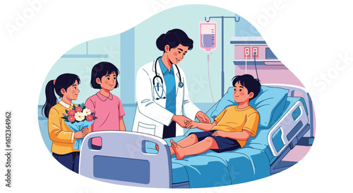 Adobe illustrator vector flat style illustration of a doctor checking on a young kid in a hospital bed with his sisters visiting, highlighting pediatric care and family support
