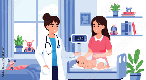 Adobe illustrator vector flat style illustration of a female pediatrician and mother looking at a sleeping newborn in a hospital crib scale emphasizing infant health and new baby care
