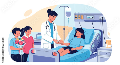 Adobe illustrator vector flat style illustration of a doctor checking on a young kid in a hospital bed with his sisters visiting, highlighting pediatric care and family support