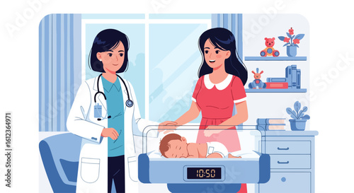 Adobe illustrator vector flat style illustration of a female pediatrician and mother looking at a sleeping newborn in a hospital crib scale emphasizing infant health and new baby care