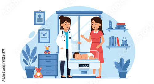 Adobe illustrator vector flat style illustration of a female pediatrician and mother looking at a sleeping newborn in a hospital crib scale emphasizing infant health and new baby care