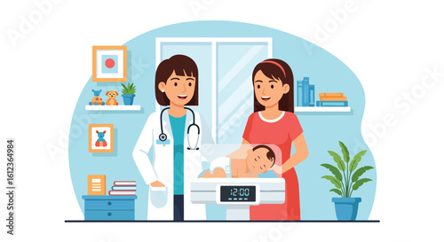 Adobe illustrator vector flat style illustration of a female pediatrician and mother looking at a sleeping newborn in a hospital crib scale emphasizing infant health and new baby care